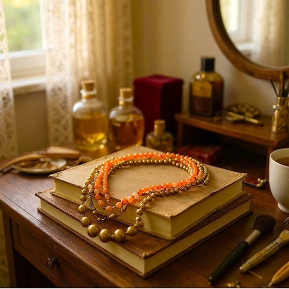 Beaded Necklace Set (styled/paired by me) in gold, orange cream & amber tones 📿